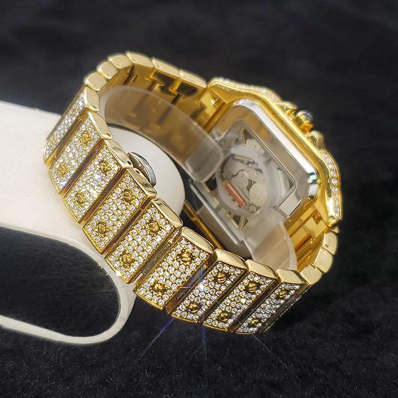 Explosions golden fashion niche unique hip-hop full diamond hollow through the bottom square luminous men's watch