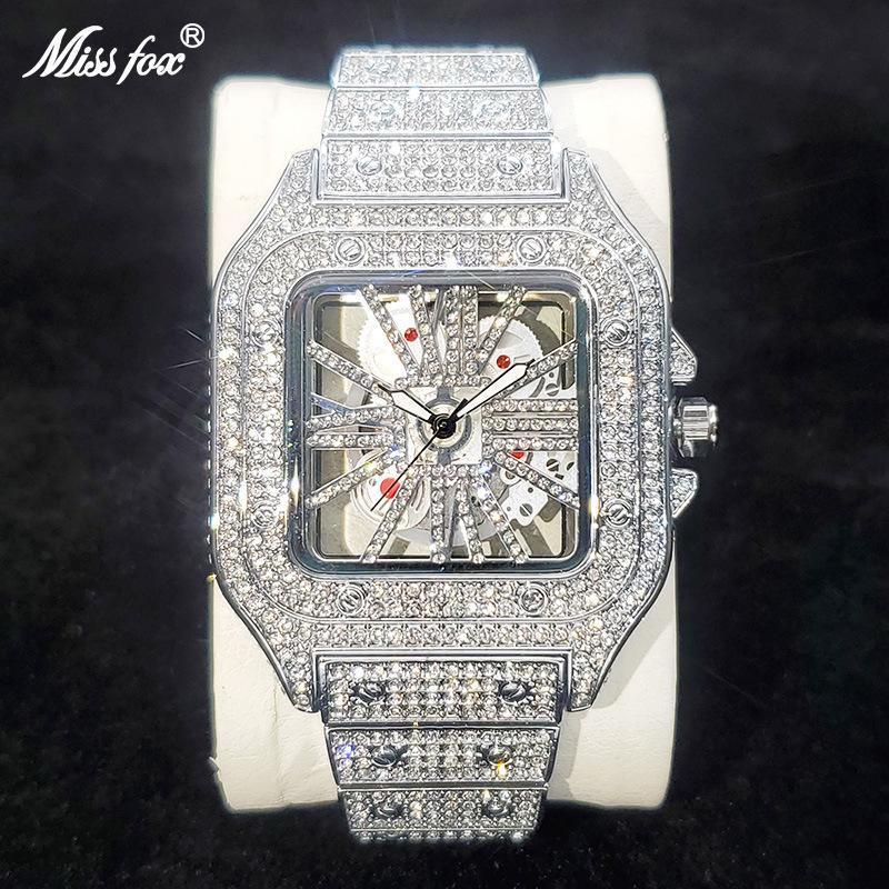 Explosions golden fashion niche unique hip-hop full diamond hollow through the bottom square luminous men's watch