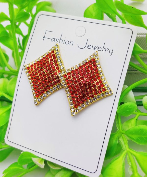 Imported Dazzling Ruby Red Diamond-shaped Earrings With Sparkling Crystals | Fashion Earrings For Girls & Women