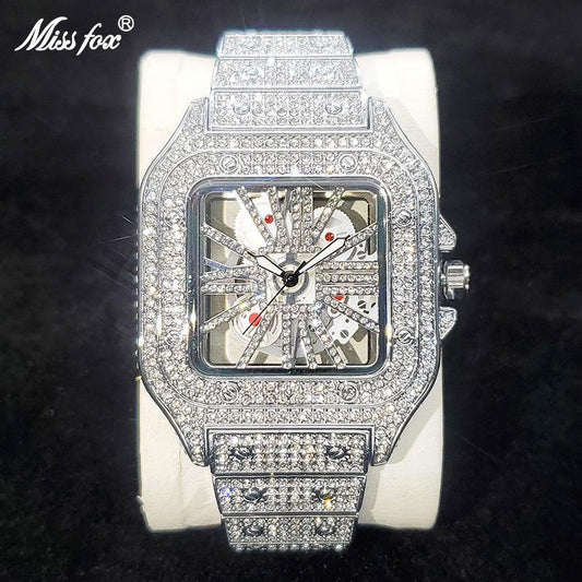 Explosions golden fashion niche unique hip-hop full diamond hollow through the bottom square luminous men's watch